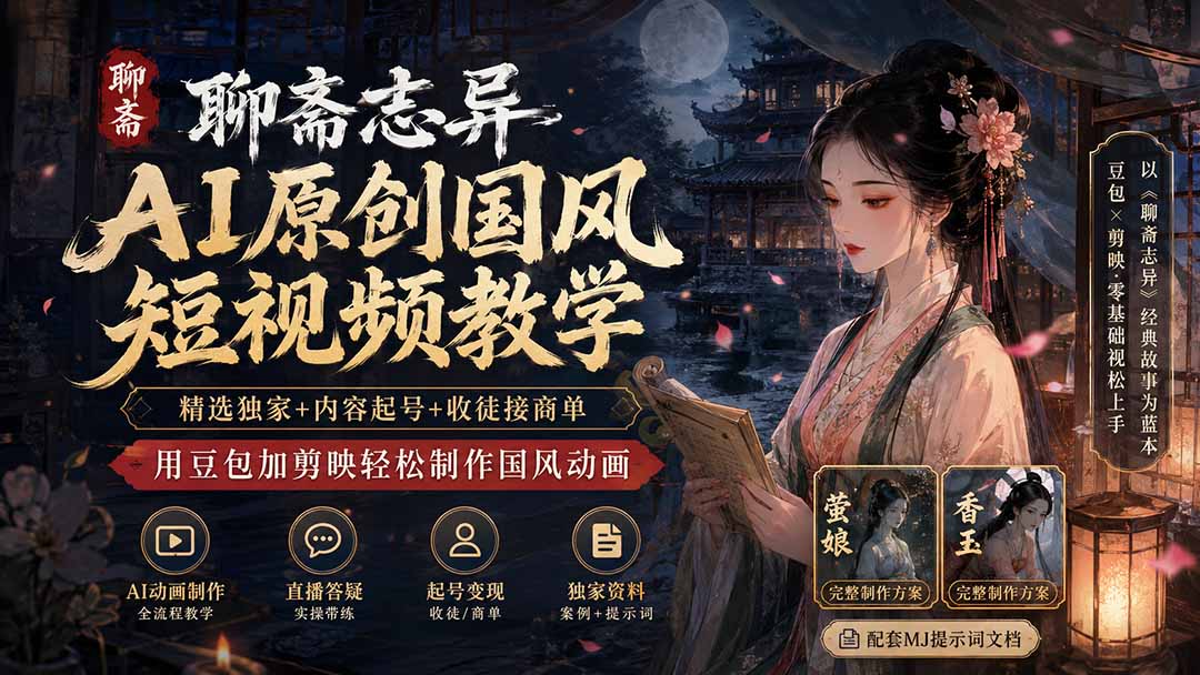 (19954期)聊斋志异AI原创国风短视频教学-更新;精选独家+内容起号+收徒接商单,用豆包加剪映轻松制作国风动画
