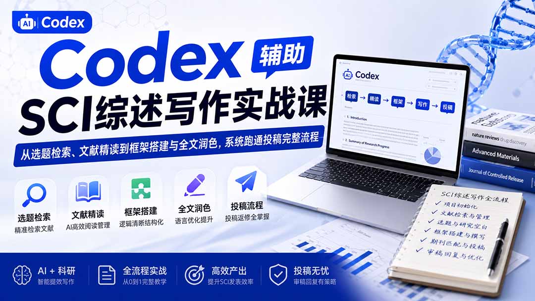 (19951期)Codex辅助SCI综述写作实战课——从选题检索、文献精读到框架搭建与全文润色,系统跑通投稿完整流程