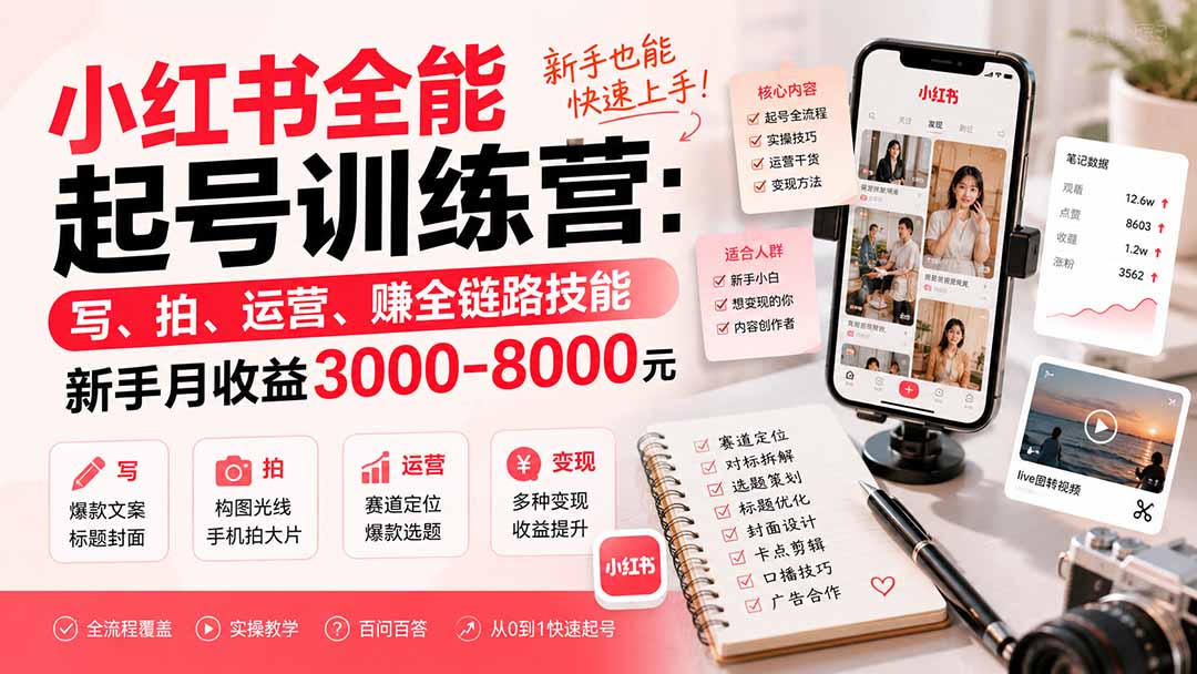 (19942期)小红书全能起号训练营-更新:写、拍、运营、赚全链路技能,新手月收益3000-8000元