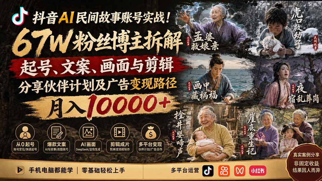 (19938期)抖音AI民间故事账号实战!67W粉丝博主拆解起号、文案、画面与剪辑,分享伙伴计划及广告变现路径,月入10000+