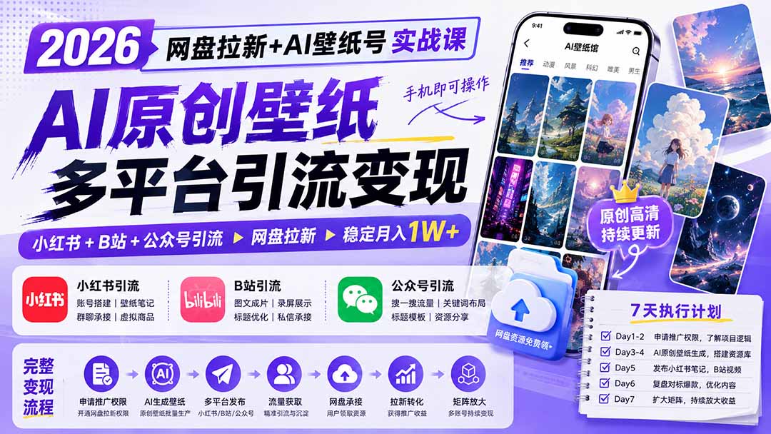 (19932期)2026网盘拉新+AI壁纸号实战课:AI原创壁纸+小红书+B站+公众号引流,手机即可操作,月入1W+