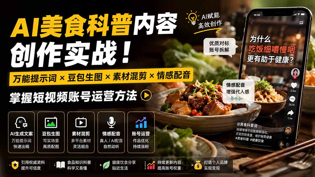 (19930期)外面卖199元-AI美食科普内容创作实战!万能提示词×豆包生图×素材混剪×情感配音,掌握短视频账号运营方法
