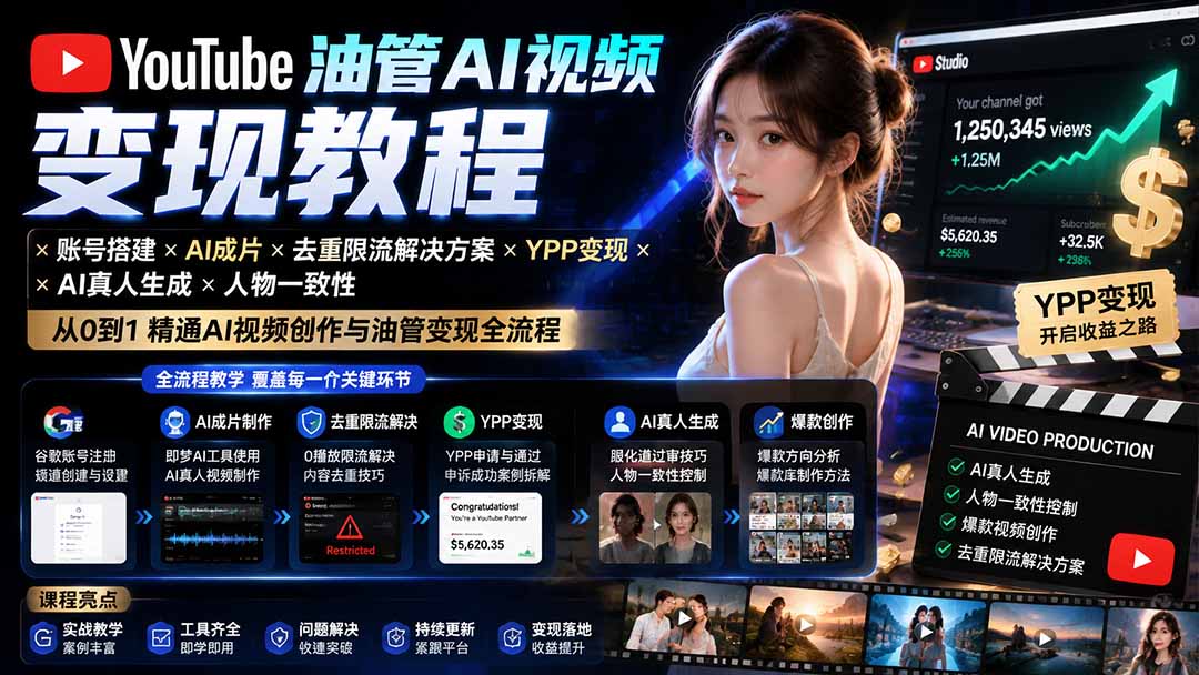 (19925期)YouTube油管AI视频变现教程-更新:账号搭建×AI成片×去重限流解决方案×YPP变现×AI真人生成×人物一致性