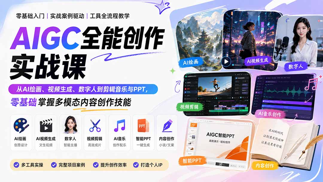 (20065期)AIGC全能创作实战课:从AI绘画、视频生成、数字人到剪辑音乐与PPT,零基础掌握多模态内容创作技能