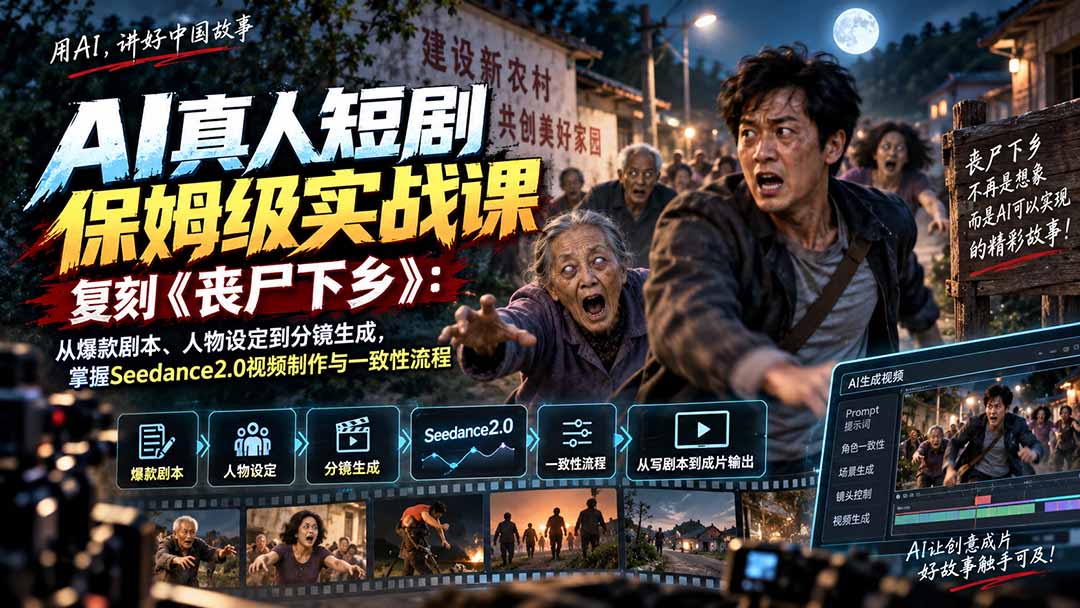 (20360期)AI真人短剧保姆级实战课,复刻《丧尸下乡》:从爆款剧本、人物设定到分镜生成,掌握Seedance2.0视频制作与一致性流程