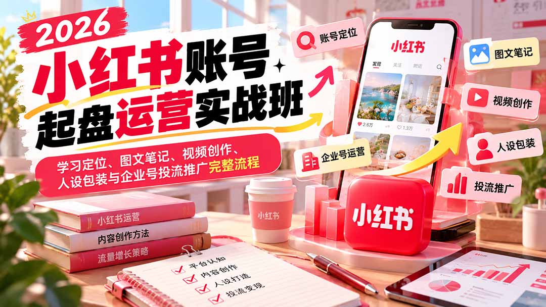 (20647期)2026小红书账号起盘运营实战班:学习定位、图文笔记、视频创作、人设包装与企业号投流推广完整流程
