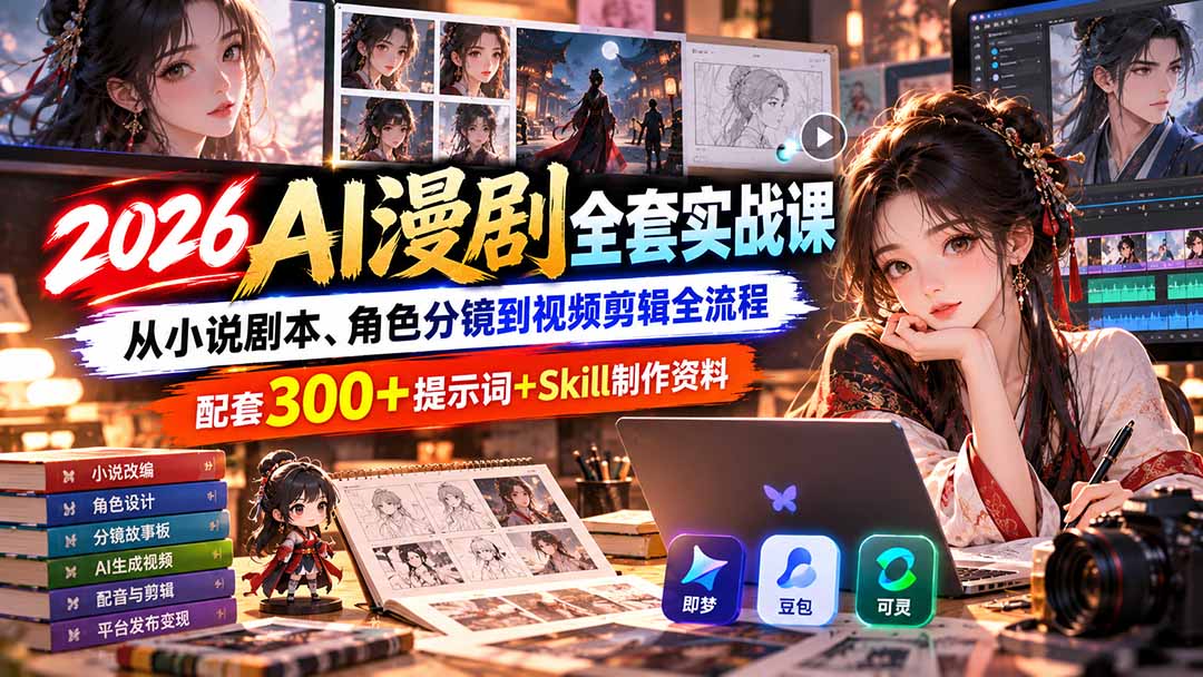 (20629期)【无水印】2026AI漫剧全套实战课:从小说剧本、角色分镜到视频剪辑全流程,配套300+提示词+Skill制作资料