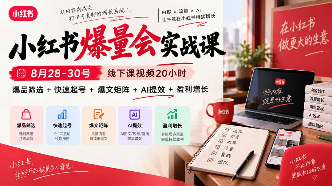 (20618期)小红书爆量会实战课-更新9月23:线下课视频20小时,爆品筛选+快速起号+爆文矩阵+AI提效+盈利增长