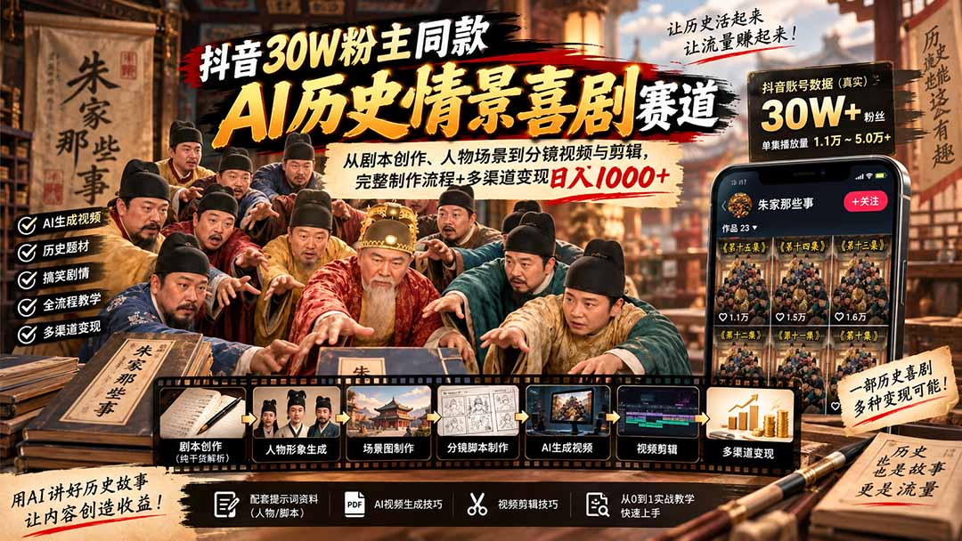 (20614期)抖音30W粉博主同款AI历史情景喜剧赛道:从剧本创作、人物场景到分镜视频与剪辑,完整制作流程+多渠道变现日入1000+