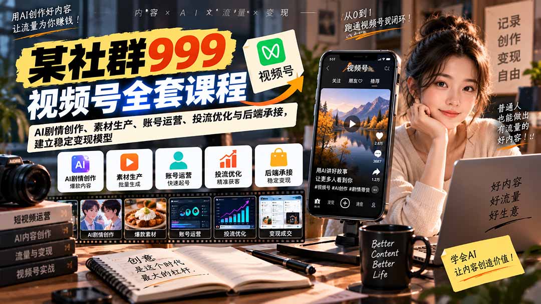 (20612期)【无水印】某社群999视频号全套课程:AI剧情创作、素材生产、账号运营、投流优化与后端承接,建立稳定变现模型
