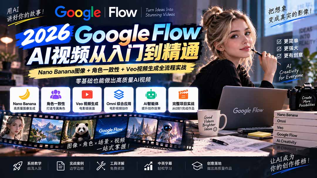(20609期)【无水印】Google Flow AI视频从入门到精通:Nano Banana图像+角色一致性+Veo视频生成全流程实战-精翻中英字幕