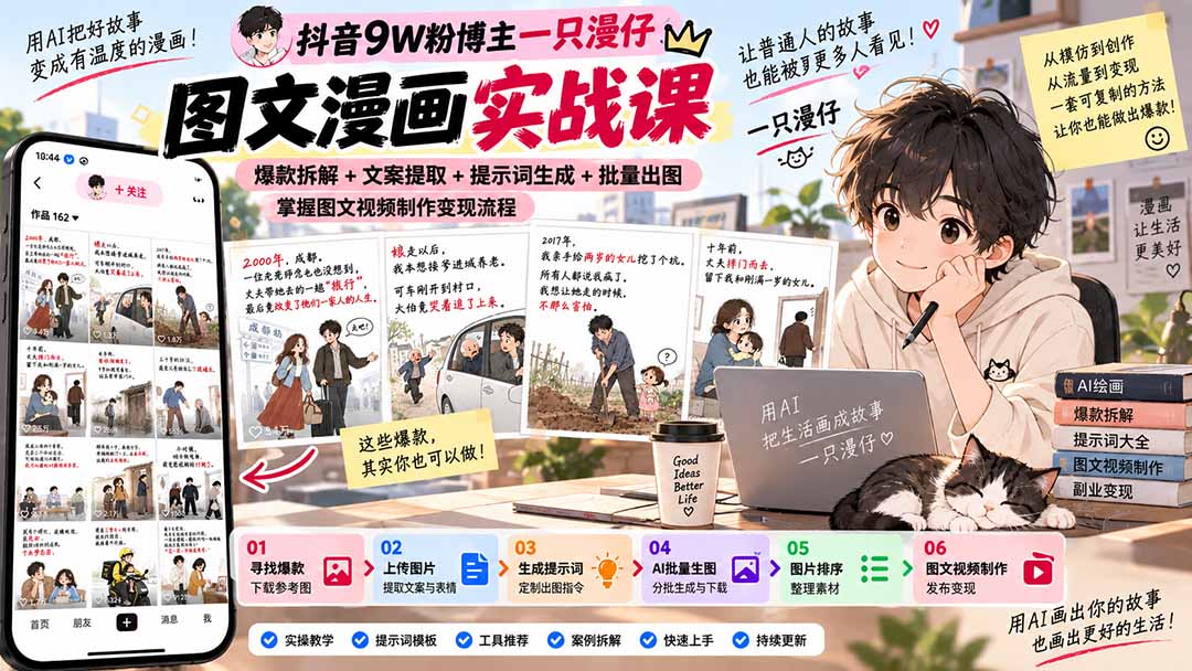 (20584期)抖音9W粉博主一只漫仔图文漫画课:爆款拆解+文案提取+提示词生成+批量出图,掌握图文视频制作变现流程