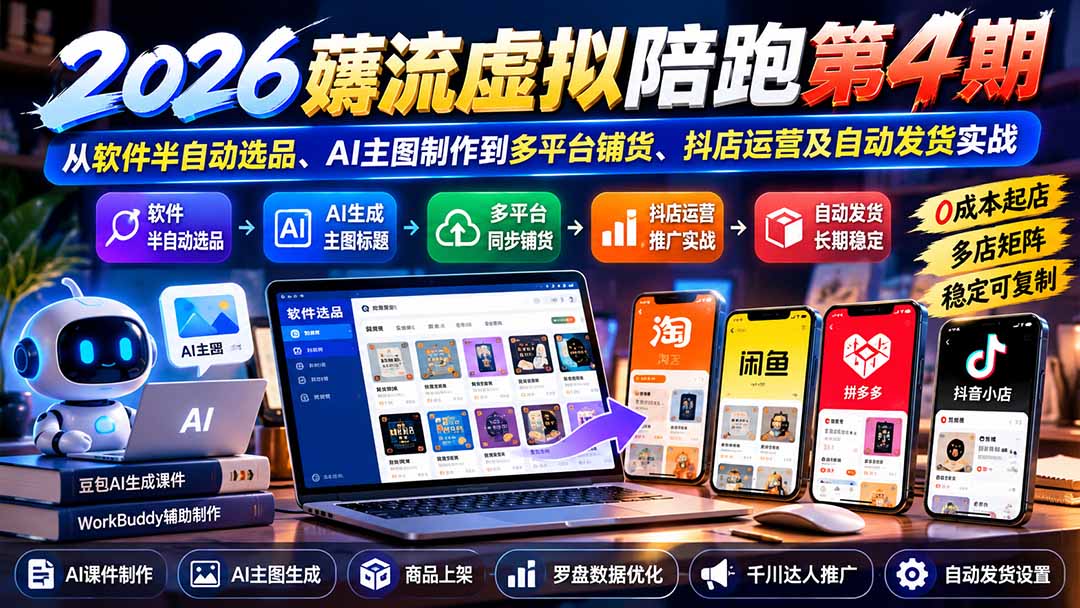 2026薅流虚拟陪跑第4期：从软件半自动选品、AI主图制作到多平台铺货、抖店运营及自动发货实战