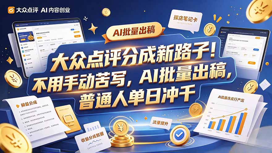 大众点评副业新玩法，工具提效解放双手，批量做笔记，单日可破千