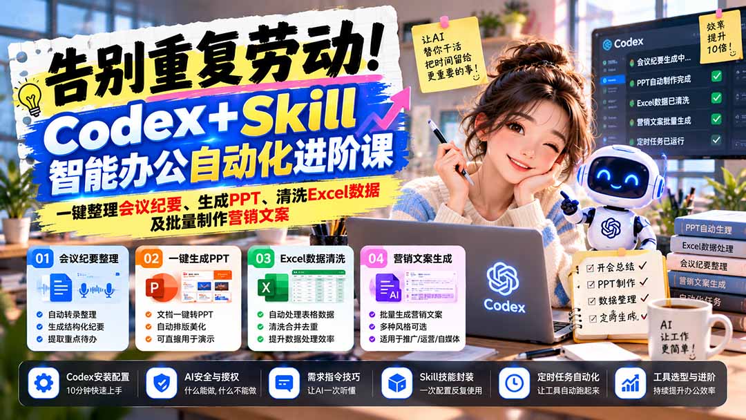 告别重复劳动！Codex+Skill智能办公自动化进阶课：一键整理会议纪要、生成PPT、清洗Excel数据及批量制作营销文案