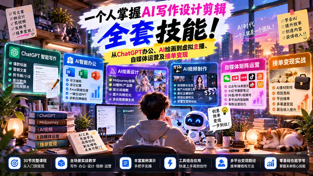 一个人掌握AI写作设计剪辑全套技能：从ChatGPT办公、AI绘画到虚拟主播、自媒体运营及接单变现