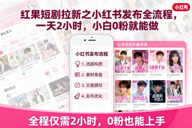 红果短剧拉新之小红书发布全流程,一天2小时,小白0粉就能做
