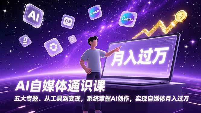 AI自媒体通识课：从工具使用到内容创作，系统掌握五大专题，提升自媒体实践能力。