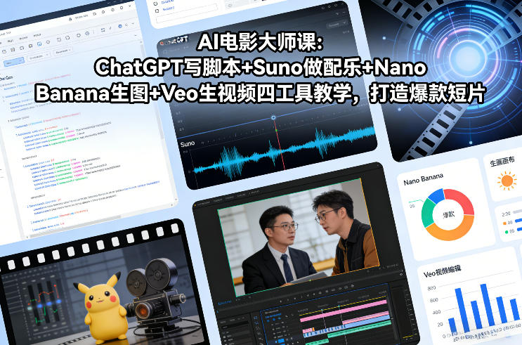 AI电影大师课:ChatGPT写脚本+Suno做配乐+Nano Banana生图+Veo生视频,打造爆款短片 AI电影大师课:ChatGPT写脚本+Suno做配乐+Nano Banana生图+Veo生视频,打造爆款短片