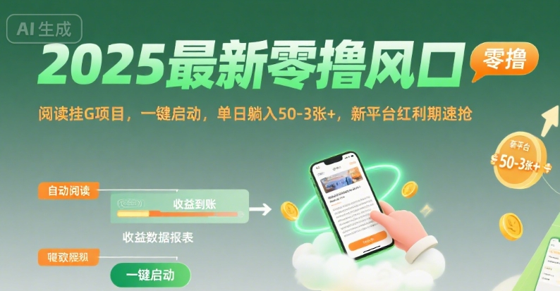 2025最新零撸风口,阅读挂G项目,一键启动,单日躺入 50-3张+,新平台红利期速抢【揭秘】 2025最新零撸风口,阅读挂G项目,一键启动,单日躺入 50-3张+,新平台红利期速抢【揭秘】