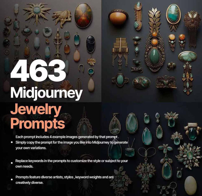460+专业Midjourney珠宝摄影AI提示词戒指、项链-耳环-手链-宝石等、立即开始创作珠宝艺术（2）