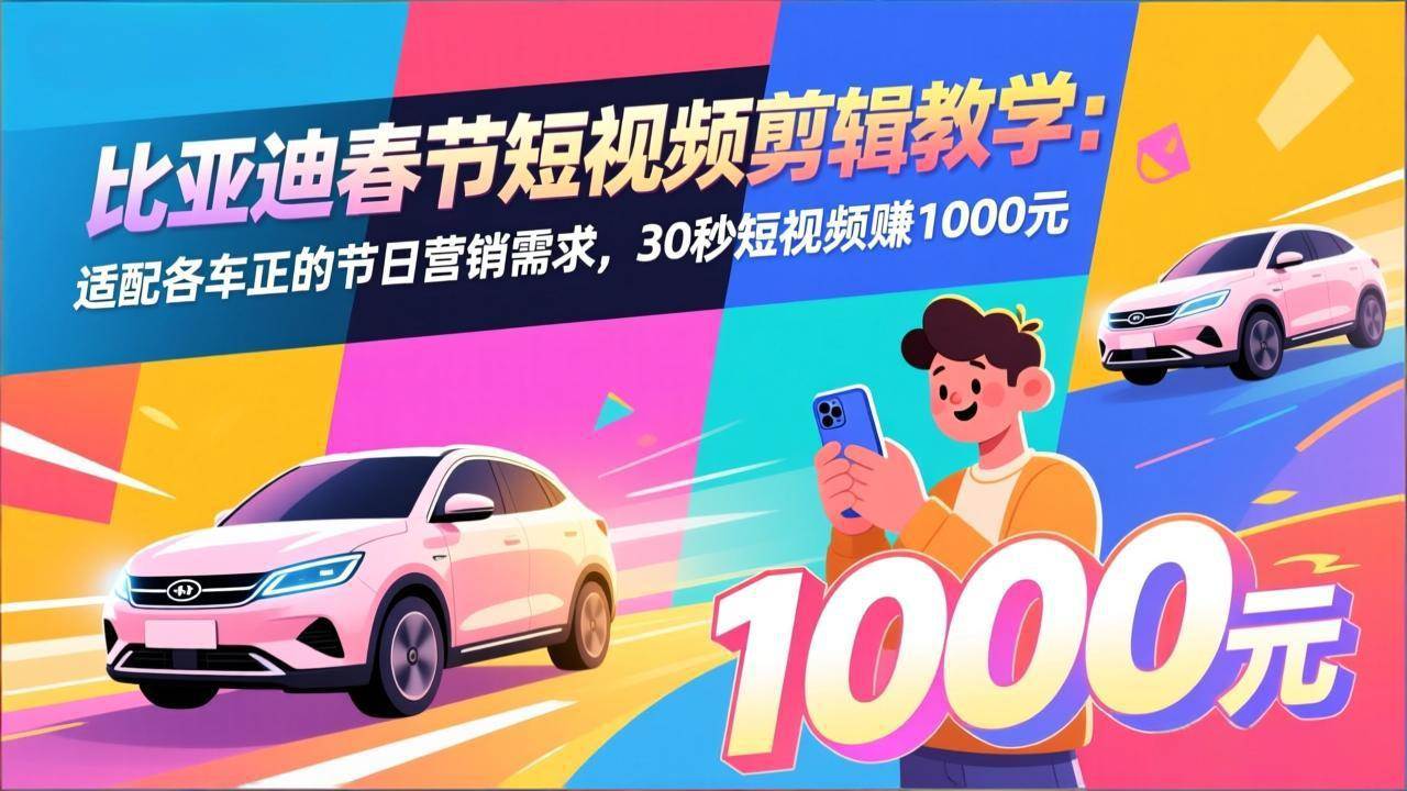 比亚迪春节短视频剪辑教学、适配各车企节日营销、30秒创作可赚千元