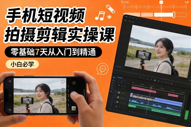 零基础手机短视频拍摄、七天剪辑速成实操、新手小白从入门到精通