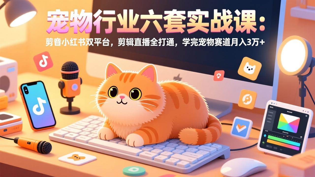 宠物赛道实战课、双平台剪辑直播全打通、学完轻松月入三万加