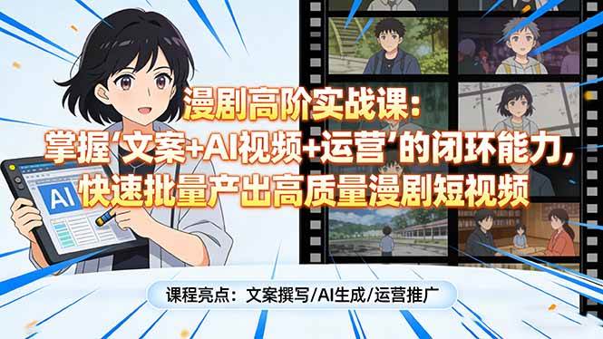 漫剧高阶实战课、掌握文案AI视频运营闭环、快速量产爆款短视频