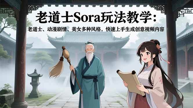 （16862期）老道士Sora玩法教学：老道士、动漫剧情、美女多种风格，快速上手生成创意视频内容