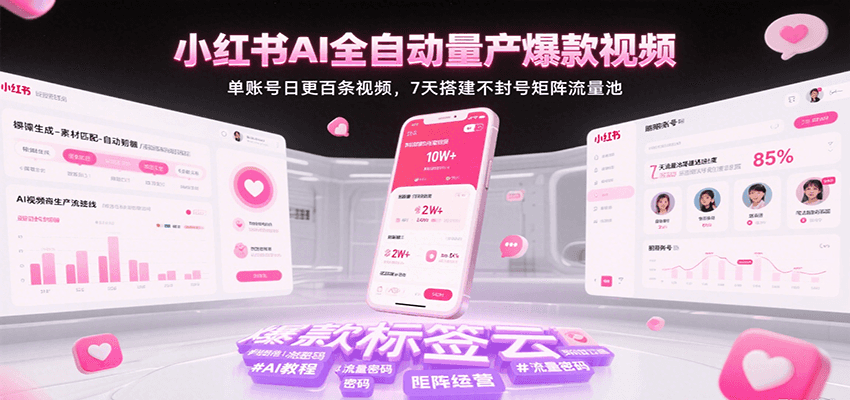 小红书AI全自动量产爆款视频，单账号日更百条视频，7天搭建不封号矩阵流量池