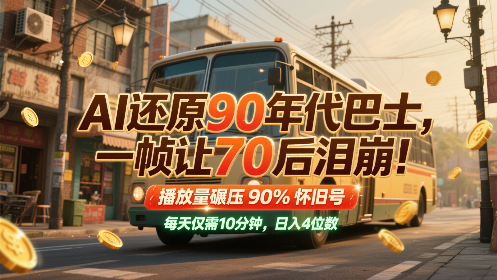 AI还原90年代巴士,一帧让70后泪崩!播放量碾压90%怀旧号,每天10分钟,日入4位数
