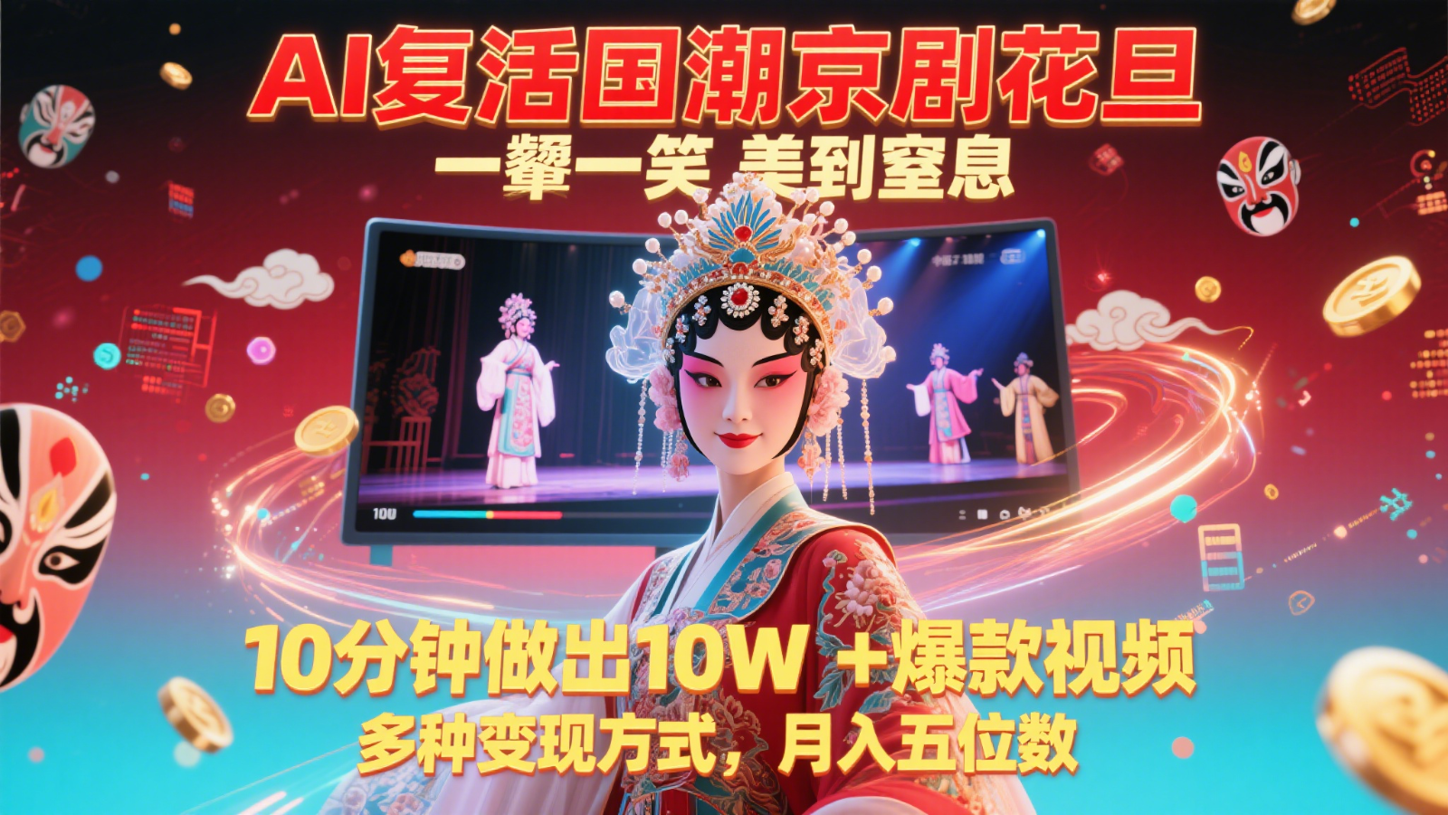 AI复活国潮京剧花旦,一颦一笑美到窒息,10分钟做出10W+爆款视频,多种变现方式,…