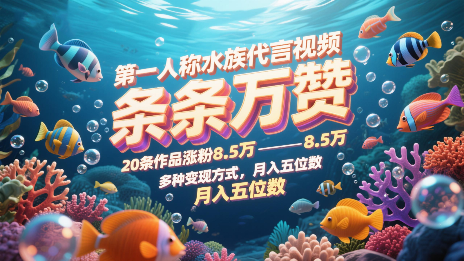 第一人称水族代言视频,条条万赞,20条作品涨粉8.5万,多种变现方式月,入五位数