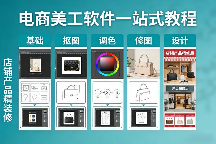 电商美工软件一站式教程，基础/抠图/调色/修图/设计，店铺产品精装修