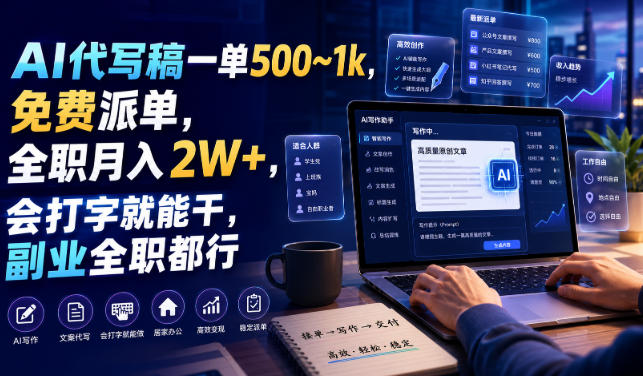 AI代写稿一单500~1k,免费派单,全职月入2W+,会打字就能干,副业全职都行【揭秘】 AI代写稿一单500~1k,免费派单,全职月入2W+,会打字就能干,副业全职都行【揭秘】
