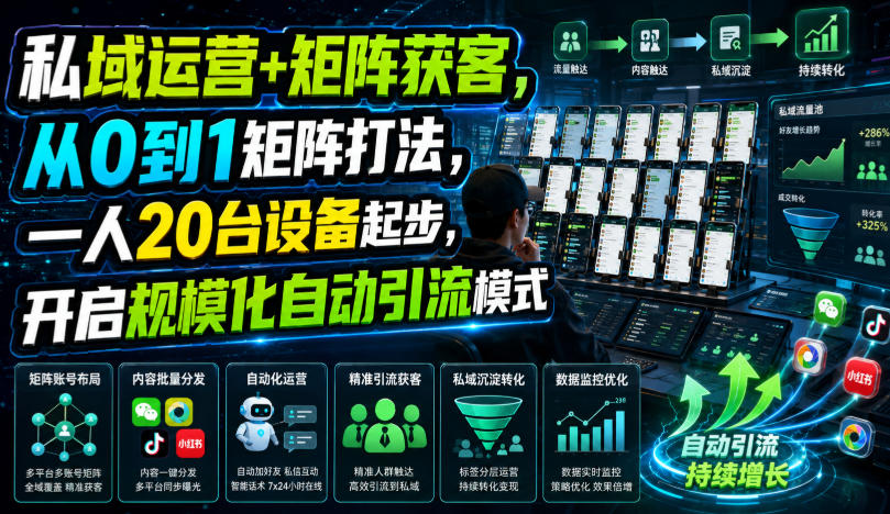 私域运营+矩阵获客,从0到1矩阵打法,一人20台设备起步,开启规模化自动引流模式! 私域运营+矩阵获客,从0到1矩阵打法,一人20台设备起步,开启规模化自动引流模式!