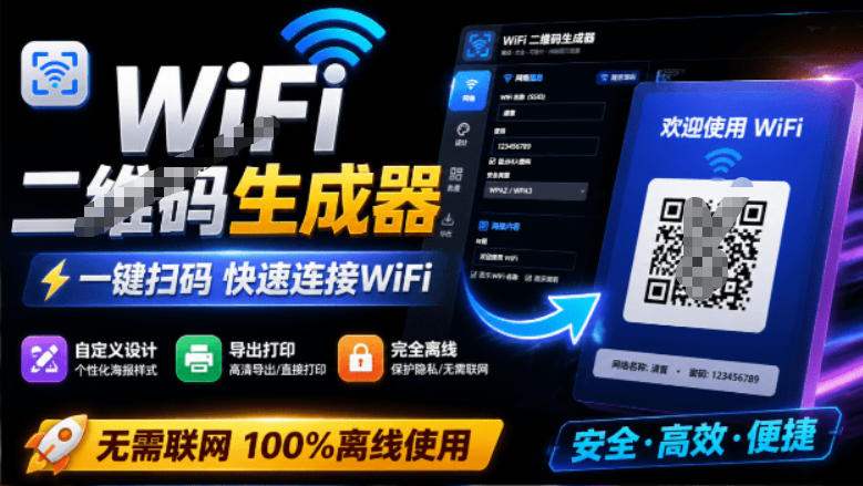 完全离线使用!WiFi二维码生成器,一键扫码快速连接WiFi,支持自定义风格导出WiFi二维码生成器 完全离线使用!WiFi二维码生成器,一键扫码快速连接WiFi,支持自定义风格导出WiFi二维码生成器