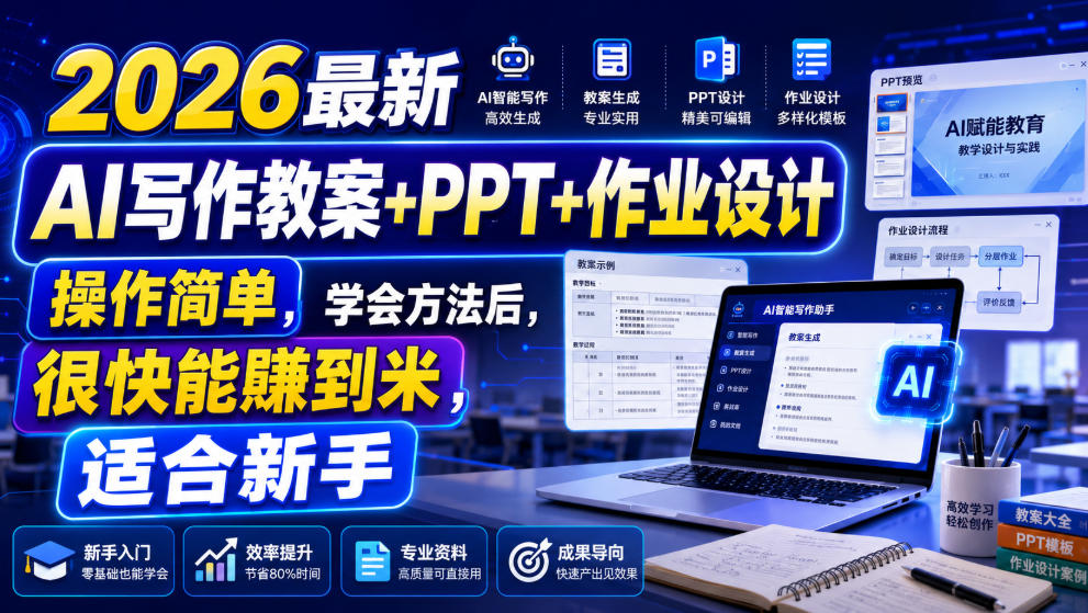 2026最新AI写作教案+PPT+作业设计,操作简单,学会方法后,很快能賺到米,适合新手 2026最新AI写作教案+PPT+作业设计,操作简单,学会方法后,很快能賺到米,适合新手