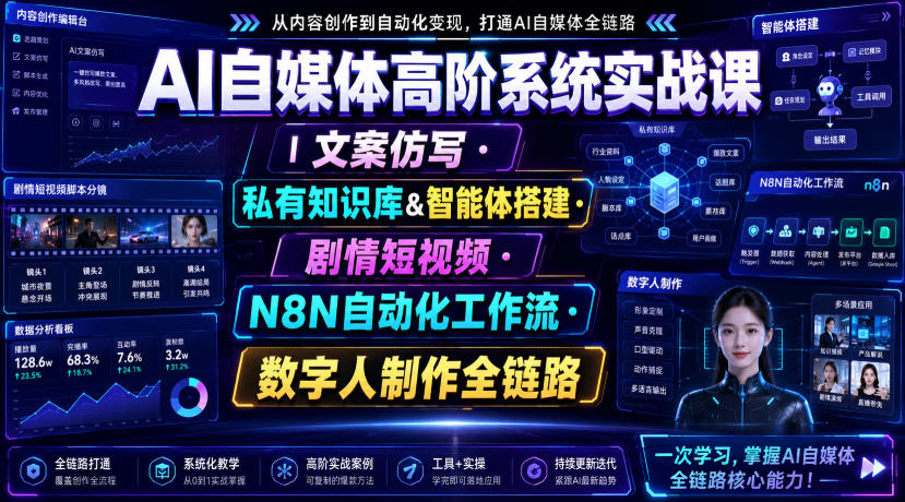 AI自媒体高阶系统实战课|文案仿写・私有知识库&智能体搭建・剧情短视频・N8N自动化工作流・数字人制作全链路 AI自媒体高阶系统实战课|文案仿写・私有知识库&智能体搭建・剧情短视频・N8N自动化工作流・数字人制作全链路