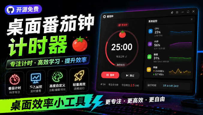 仅1.16MB,开源极简的桌面时钟、番茄钟计时器,还支持系统监控显示,桌面效率小工具Catime 仅1.16MB,开源极简的桌面时钟、番茄钟计时器,还支持系统监控显示,桌面效率小工具Catime