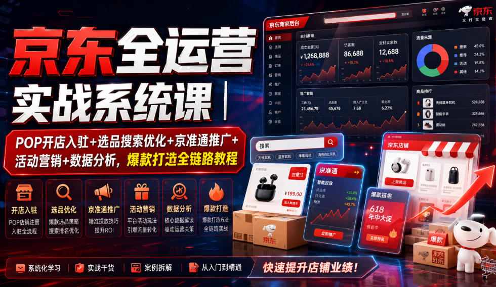 京东全运营实战系统课|POP开店入驻+选品搜索优化+京准通推广+活动营销+数据分析,爆款打造全链路教程 京东全运营实战系统课|POP开店入驻+选品搜索优化+京准通推广+活动营销+数据分析,爆款打造全链路教程