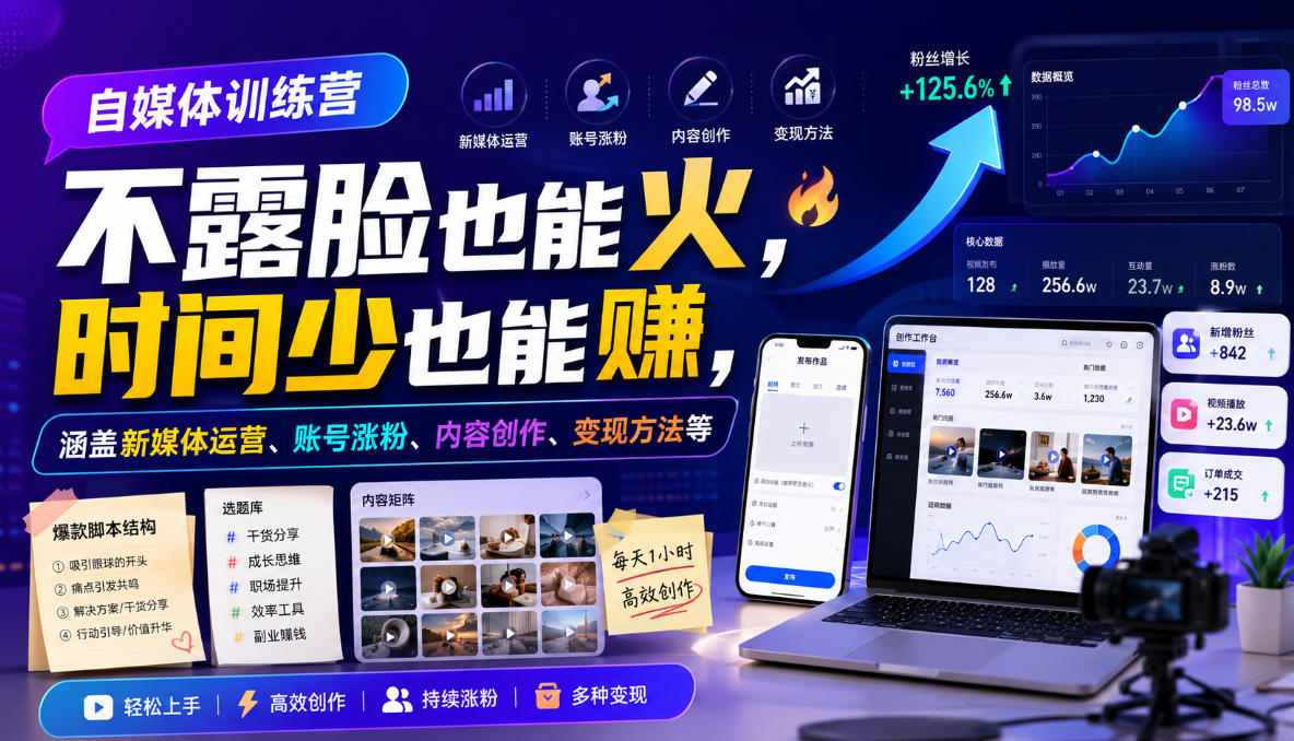 自媒体训练营,不露脸也能火,时间少也能賺,涵盖新媒体运营、账号涨粉、内容创作、变现方法等 自媒体训练营,不露脸也能火,时间少也能賺,涵盖新媒体运营、账号涨粉、内容创作、变现方法等