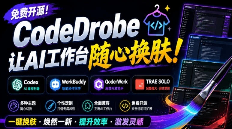 免费开源的CodeDrobe,让AI工作台随心换肤,支持Codex、WorkBuddy等,免费且本地运行! 免费开源的CodeDrobe,让AI工作台随心换肤,支持Codex、WorkBuddy等,免费且本地运行!