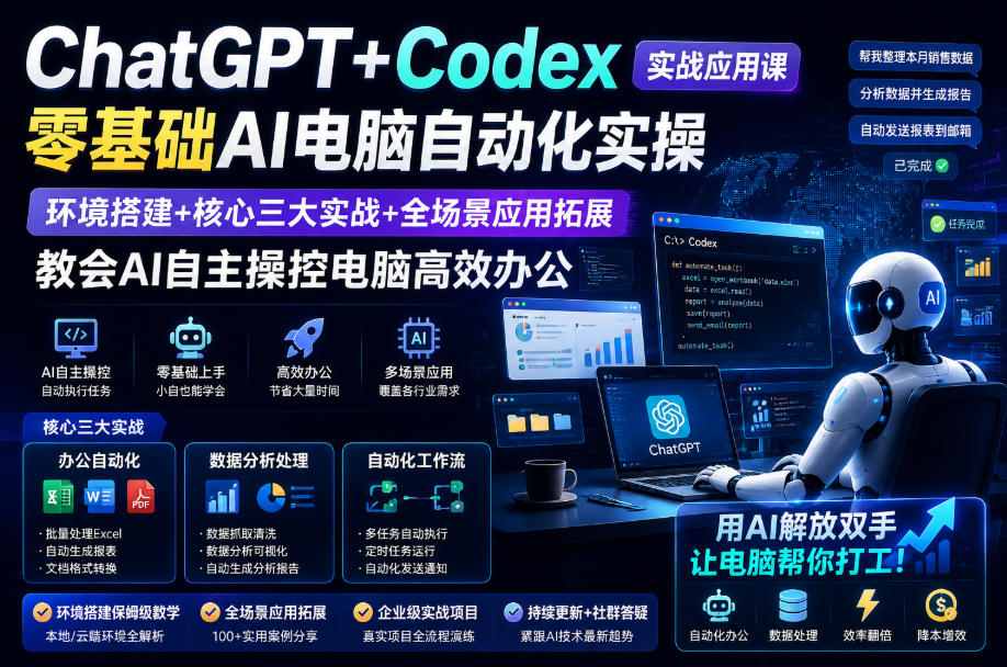 ChatGPT+Codex实战应用课|零基础AI电脑自动化实操,环境搭建+核心三大实战+全场景应用拓展,教会AI自主操控电脑高效办公 ChatGPT+Codex实战应用课|零基础AI电脑自动化实操,环境搭建+核心三大实战+全场景应用拓展,教会AI自主操控电脑高效办公