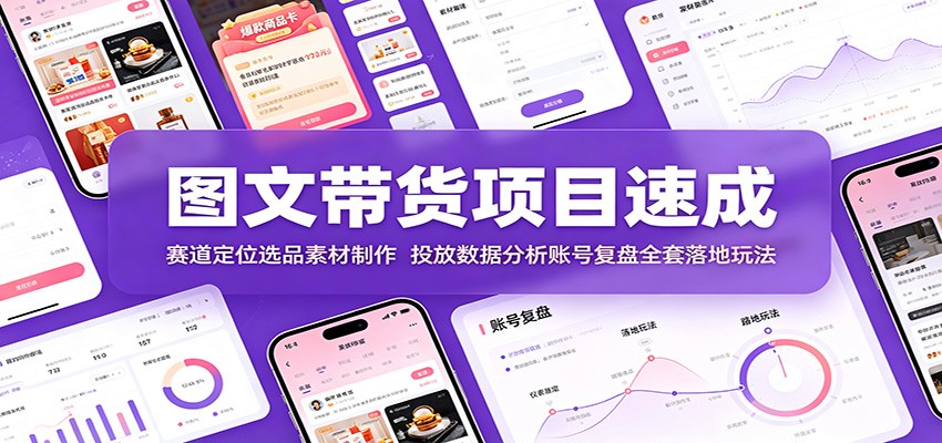 图文带货项目速成:赛道定位选品素材制作,投放数据分析账号复盘全套落地玩法