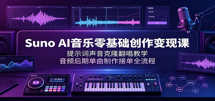 Suno AI音乐零基础创作变现课:提示词声音克隆翻唱教学,音频后期单曲制作接单全流程