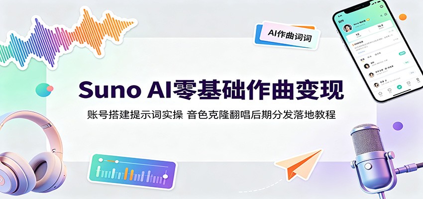 Suno AI零基础作曲变现:账号搭建提示词实操,音色克隆翻唱后期分发落地教程