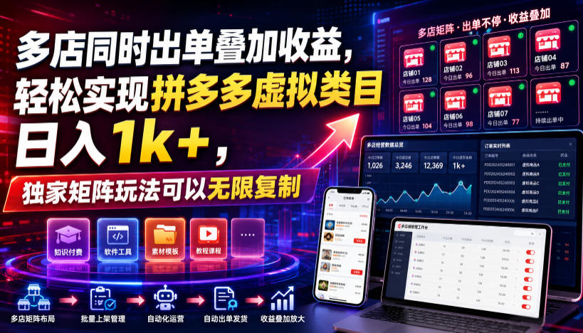 多店同时出单叠加收益，轻松实现拼多多虚拟类目日入1k+，独家矩阵玩法可以无限复制【揭秘】