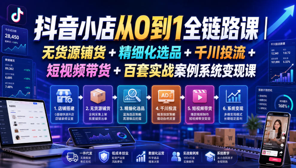 抖音小店从0到1全链路课|无货源铺货+精细化选品+千川投流+短视频带货+百套实战案例系统变现课(2026年7月更新) 抖音小店从0到1全链路课|无货源铺货+精细化选品+千川投流+短视频带货+百套实战案例系统变现课(2026年7月更新)